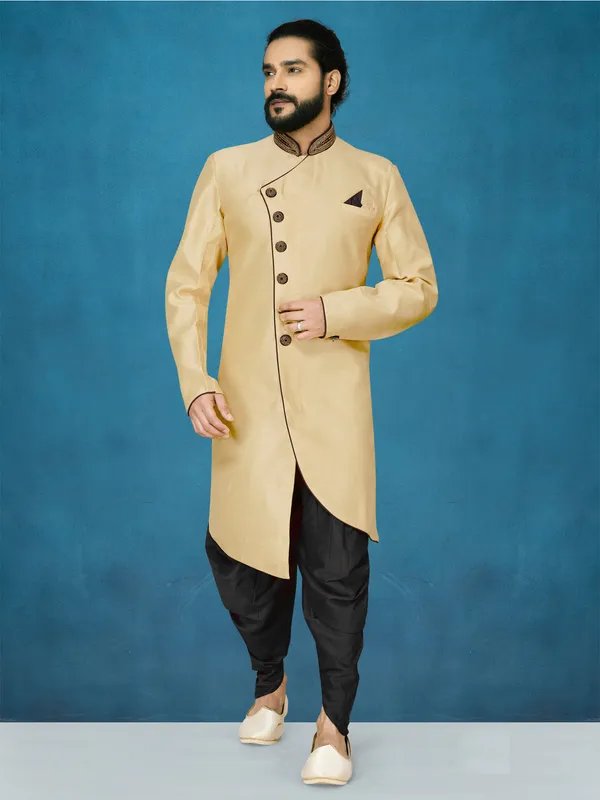 Cream_Readymade_Heavy_Men_S_Indo_Western_Function_Wear_Set_With_Dhoti