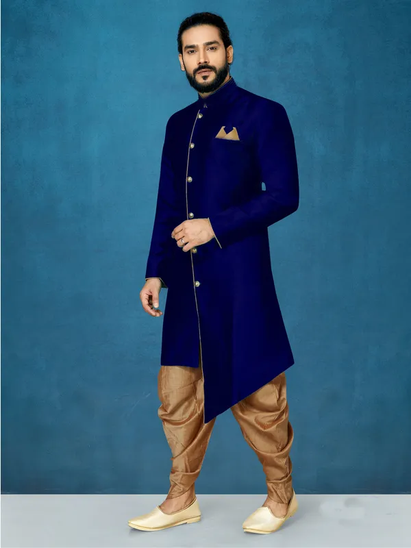 Navy_Blue_Readymade_Heavy_Men_S_Indo_Western_Function_Wear_Set_With_Dhoti