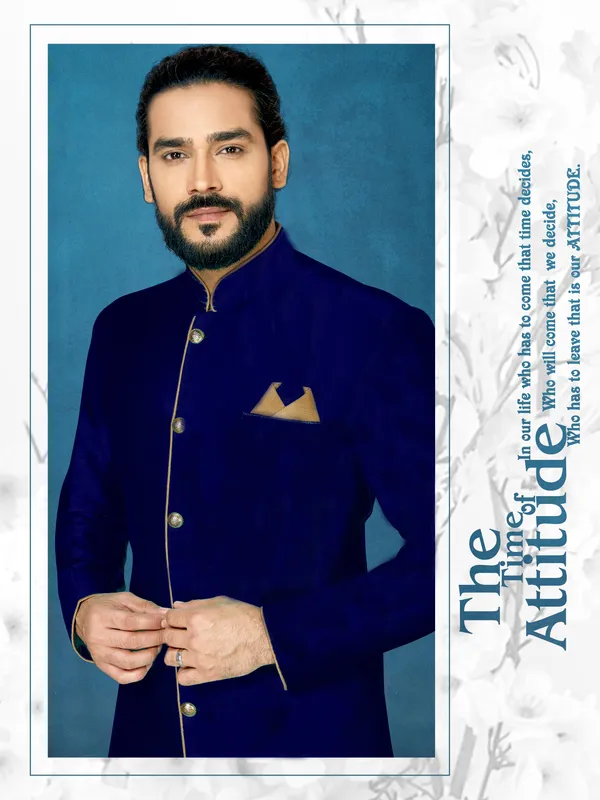 Navy_Blue_Readymade_Heavy_Men_S_Indo_Western_Function_Wear_Set_With_Dhoti