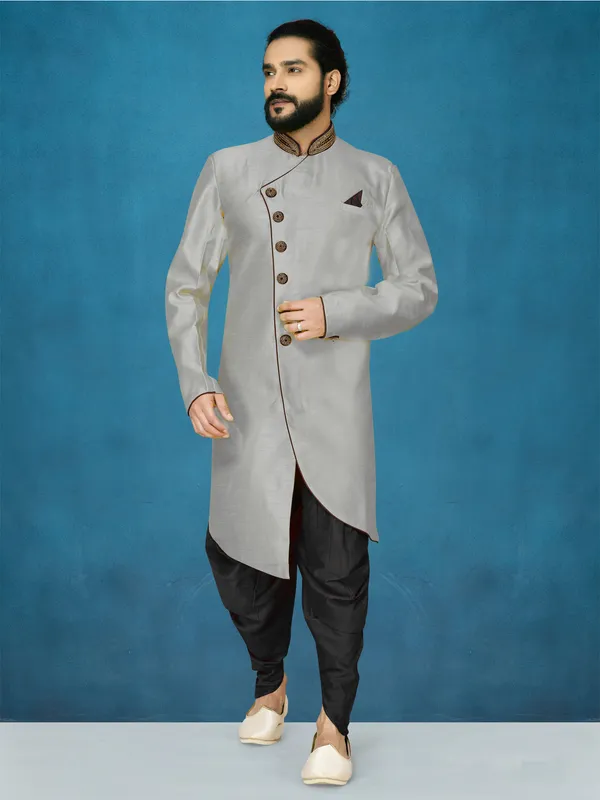 Gray_Readymade_Heavy_Men_S_Indo_Western_Function_Wear_Set_With_Dhoti