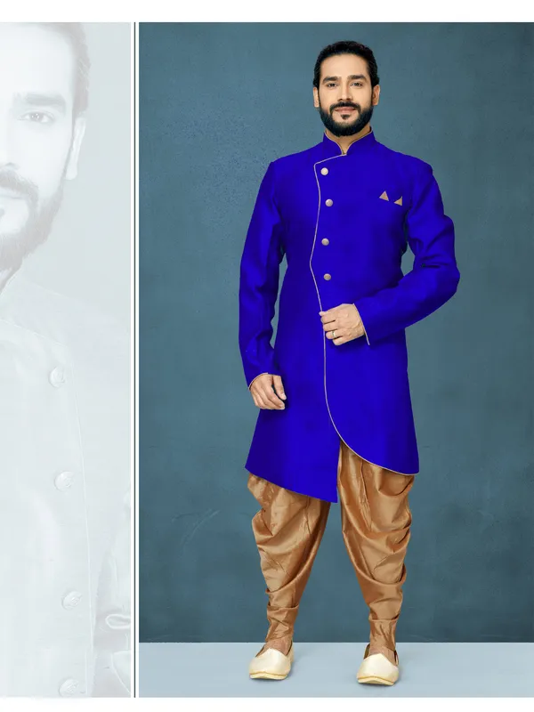 Royal_Blue_Readymade_Heavy_Men_S_Indo_Western_Function_Wear_Set_With_Dhoti