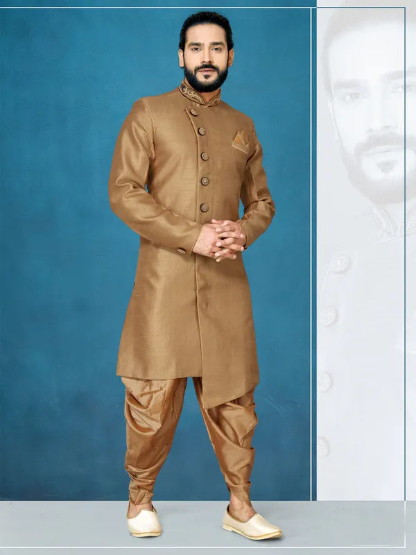 Chiku_Readymade_Heavy_Men_S_Indo_Western_Function_Wear_Set_With_Dhoti