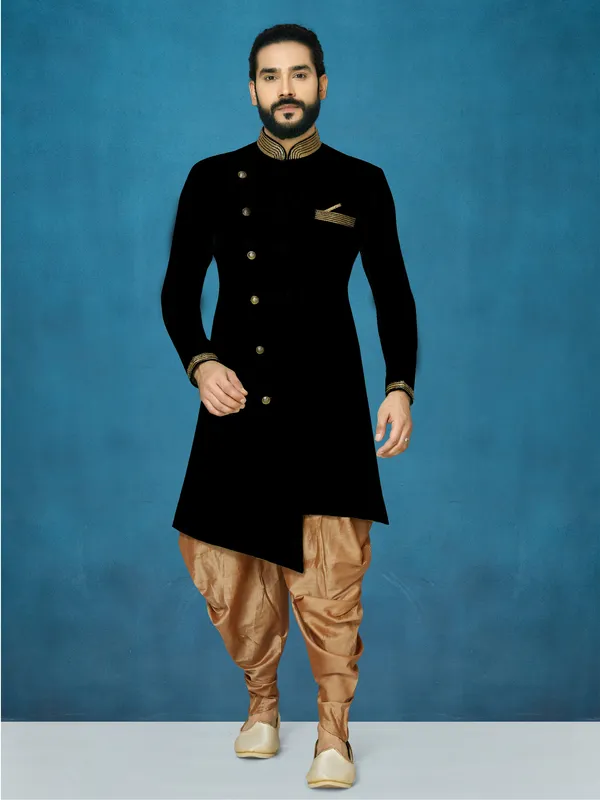 Black_Readymade_Heavy_Men_S_Indo_Western_Function_Wear_Set_With_Dhoti