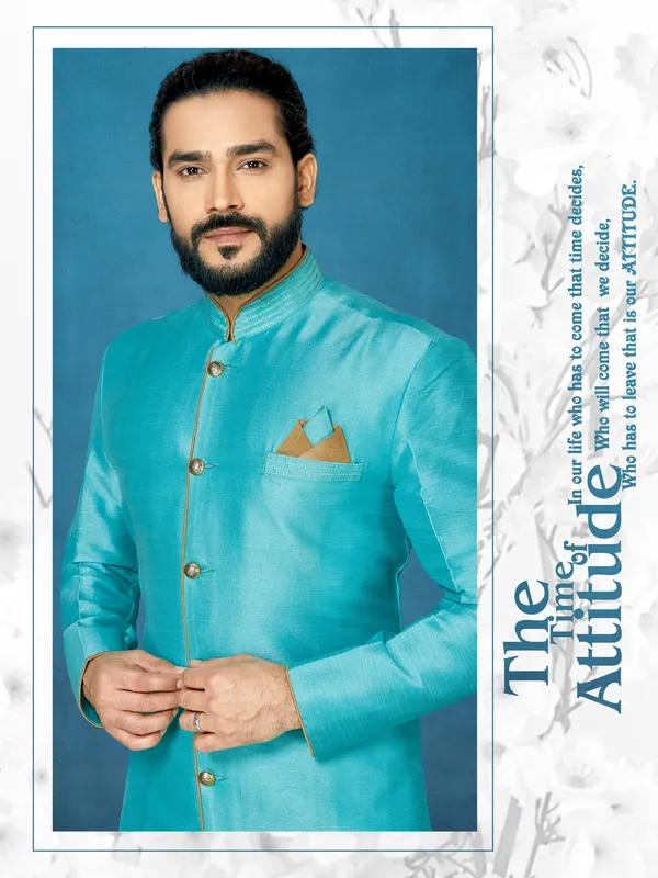 Sky_Blue_Readymade_Heavy_Men_S_Indo_Western_Function_Wear_Set_With_Dhoti
