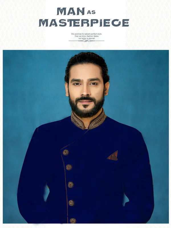Navy_Blue_Readymade_Heavy_Men_S_Indo_Western_Function_Wear_Set_With_Dhoti