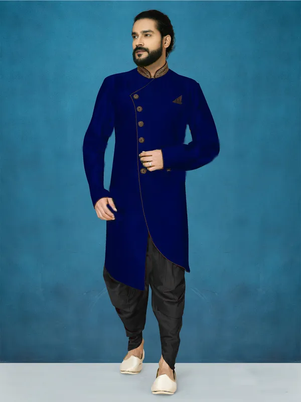 Navy_Blue_Readymade_Heavy_Men_S_Indo_Western_Function_Wear_Set_With_Dhoti