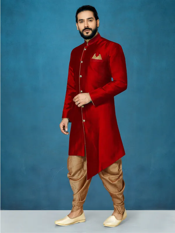 Maroon_Readymade_Heavy_Men_S_Indo_Western_Function_Wear_Set_With_Dhoti