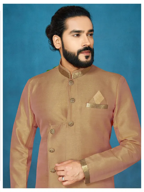 Chiku_Readymade_Heavy_Men_S_Indo_Western_Function_Wear_Set_With_Dhoti