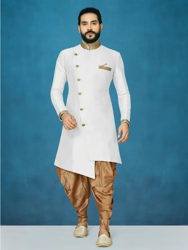 White_Readymade_Heavy_Men_S_Indo_Western_Function_Wear_Set_With_Dhoti