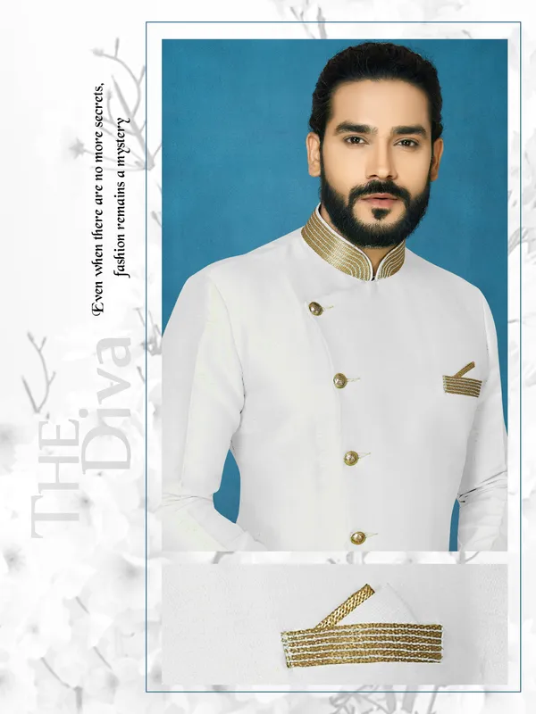 White_Readymade_Heavy_Men_S_Indo_Western_Function_Wear_Set_With_Dhoti
