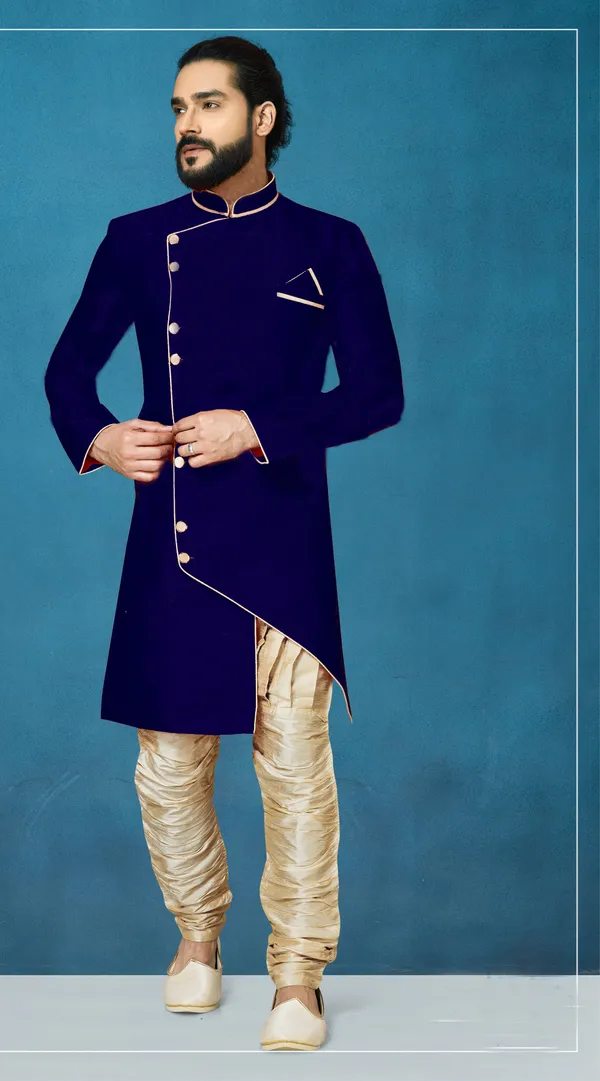 Navy_Blue_Readymade_Heavy_Men_S_Indo_Western_Function_Wear_Set_With_Breaches_Pant