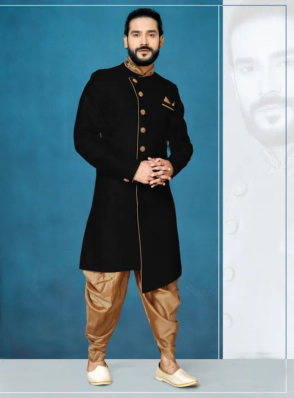 Black_Readymade_Heavy_Men_S_Indo_Western_Function_Wear_Set_With_Dhoti