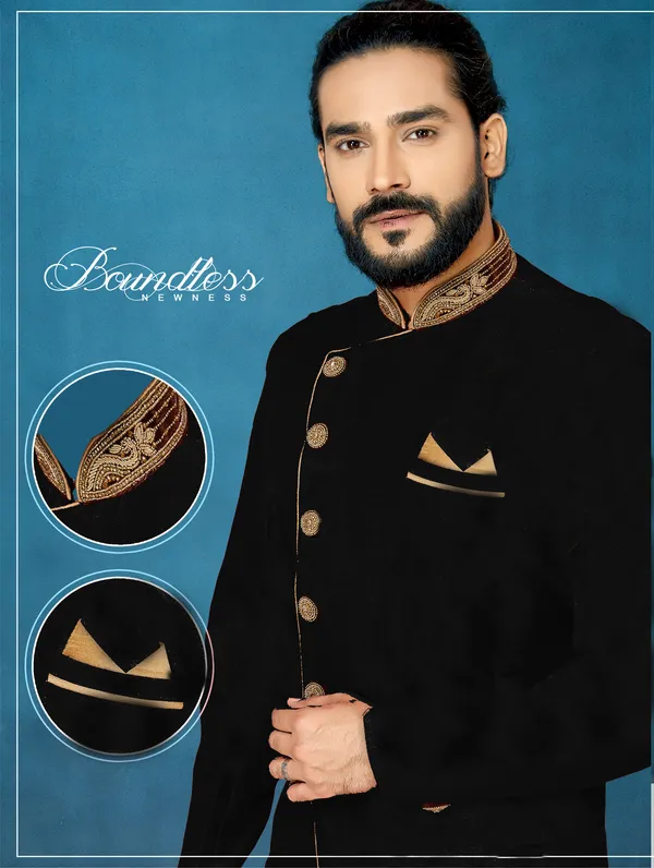Black_Readymade_Heavy_Men_S_Indo_Western_Function_Wear_Set_With_Dhoti