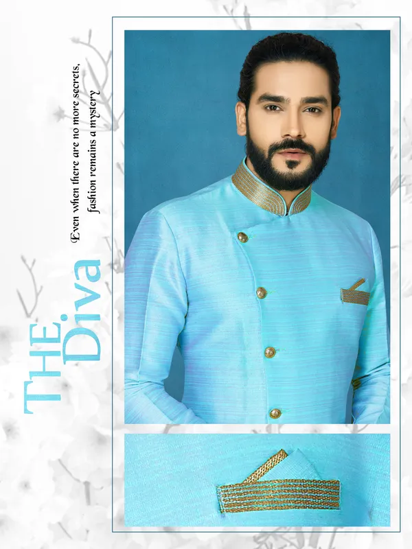 Sky_Blue_Readymade_Heavy_Men_S_Indo_Western_Function_Wear_Set_With_Dhoti