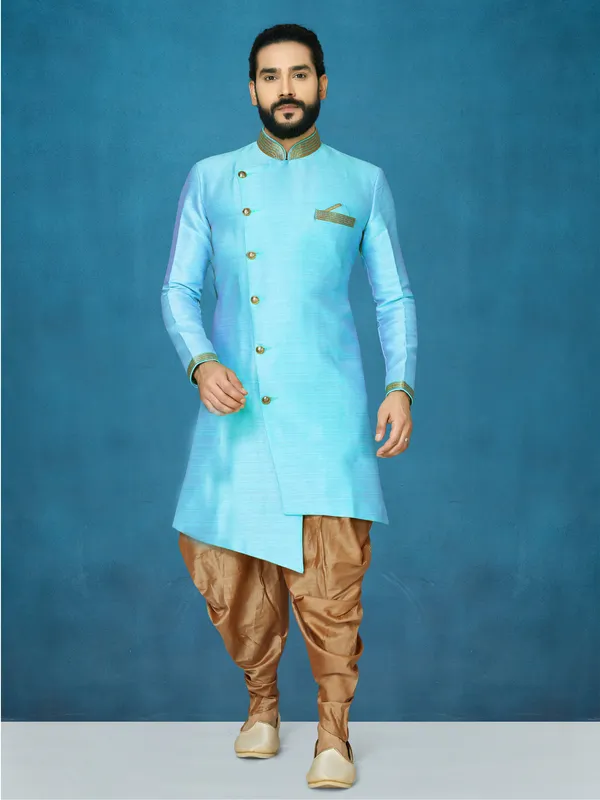 Sky_Blue_Readymade_Heavy_Men_S_Indo_Western_Function_Wear_Set_With_Dhoti