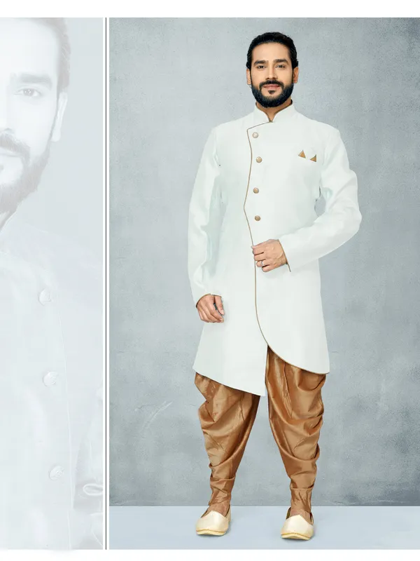 White_Readymade_Heavy_Men_S_Indo_Western_Function_Wear_Set_With_Dhoti