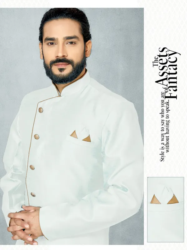 White_Readymade_Heavy_Men_S_Indo_Western_Function_Wear_Set_With_Dhoti