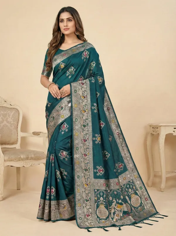 Ethnivo_Teal_Green_Handwoven_Silk_Saree_With_Antique_Zari_Border_Default_Title