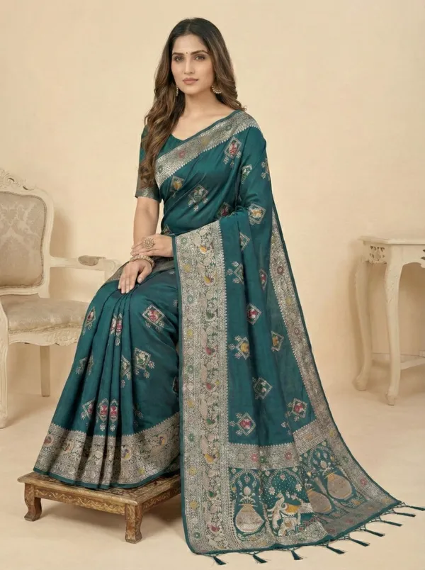 Ethnivo_Teal_Green_Handwoven_Silk_Saree_With_Antique_Zari_Border_Default_Title