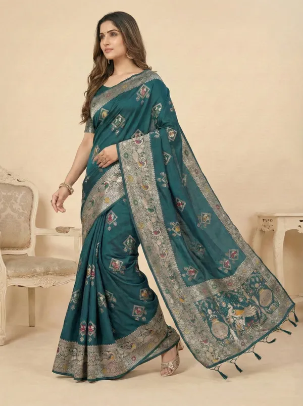 Ethnivo_Teal_Green_Handwoven_Silk_Saree_With_Antique_Zari_Border_Default_Title