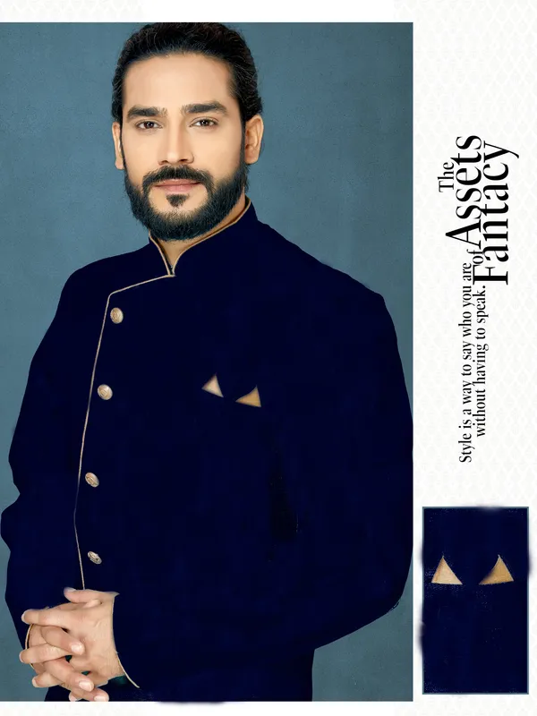 Navy_Blue_Readymade_Heavy_Men_S_Indo_Western_Function_Wear_Set_With_Dhoti