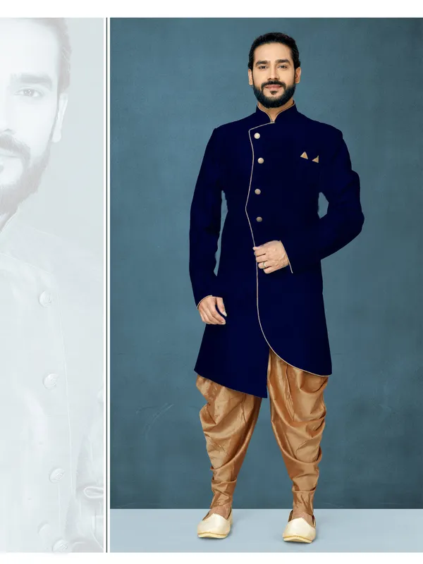 Navy_Blue_Readymade_Heavy_Men_S_Indo_Western_Function_Wear_Set_With_Dhoti
