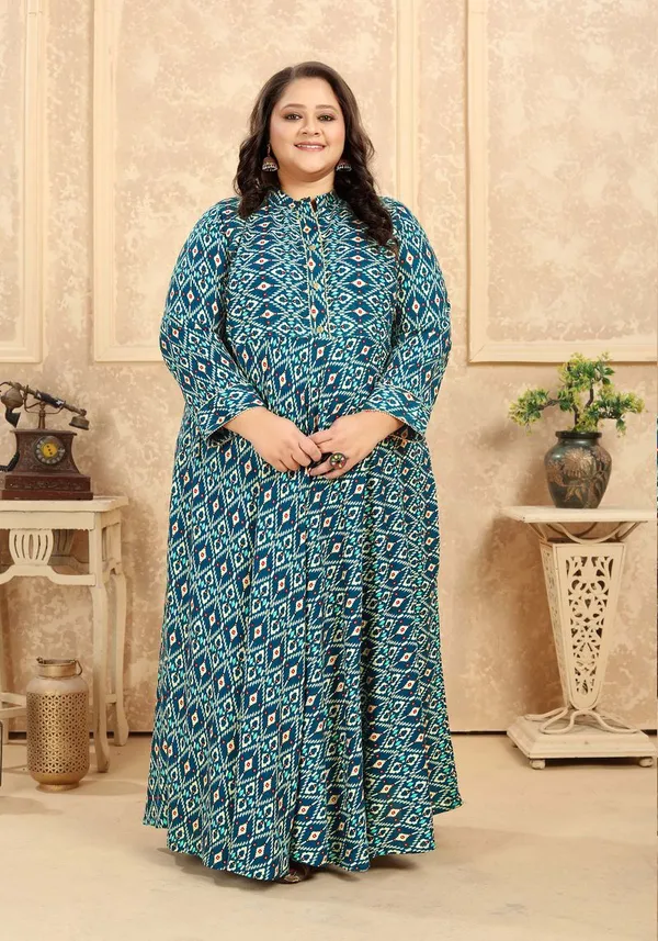 Printed_Teal_Blue_Traditional_Anarkali_Style_Long_Kurti