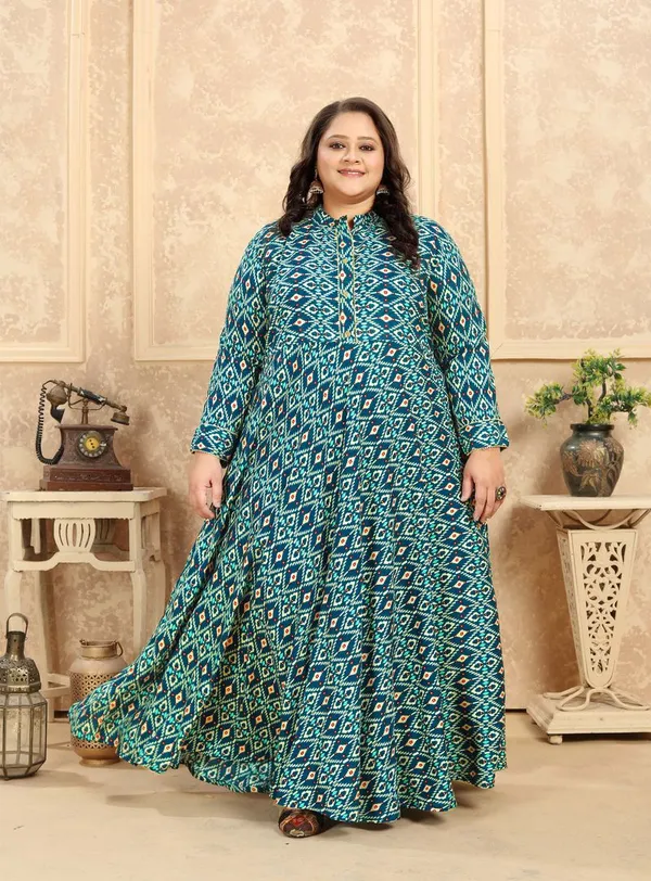 Printed_Teal_Blue_Traditional_Anarkali_Style_Long_Kurti