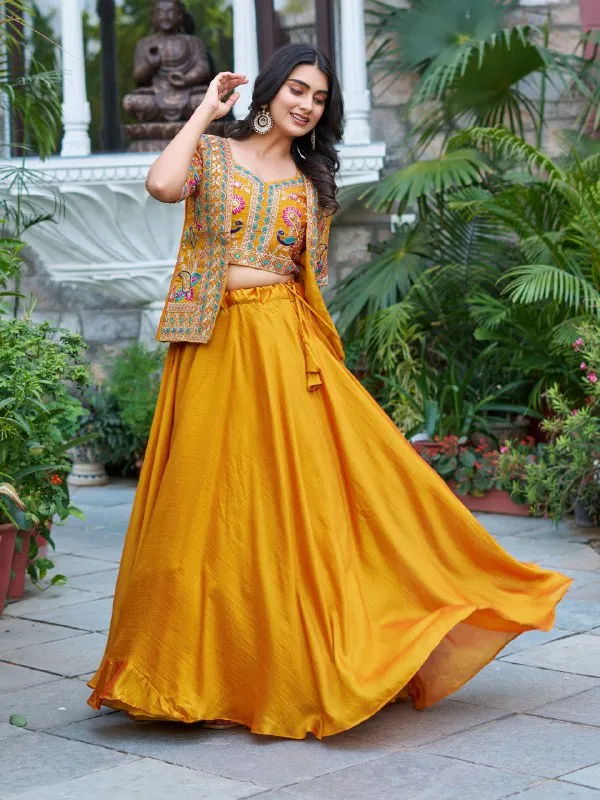 Mustard_Yellow_Printed_Crop_Top_Lehenga_Set_With_Embroidered_Jacket_Default_Title