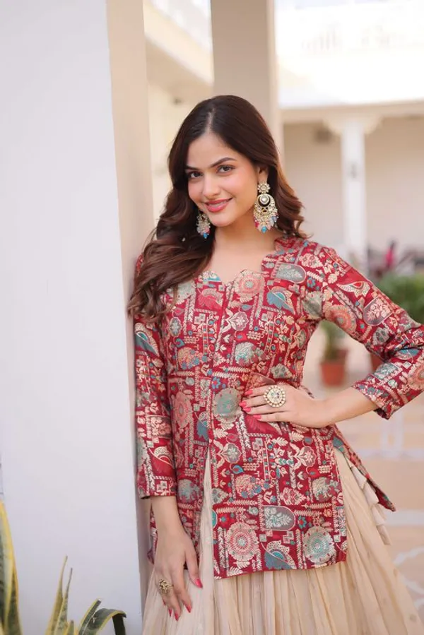 Red_Printed_Peplum_Top_Lehenga_Set_With_Flared_Skirt_Default_Title