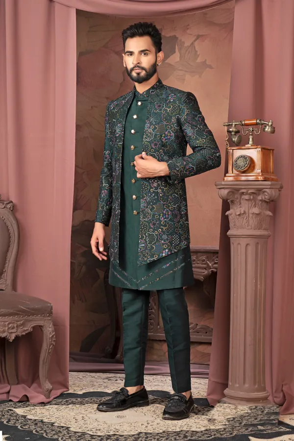 Luxury_Dark_Green_Printed_Sherwani_Set_For_Men