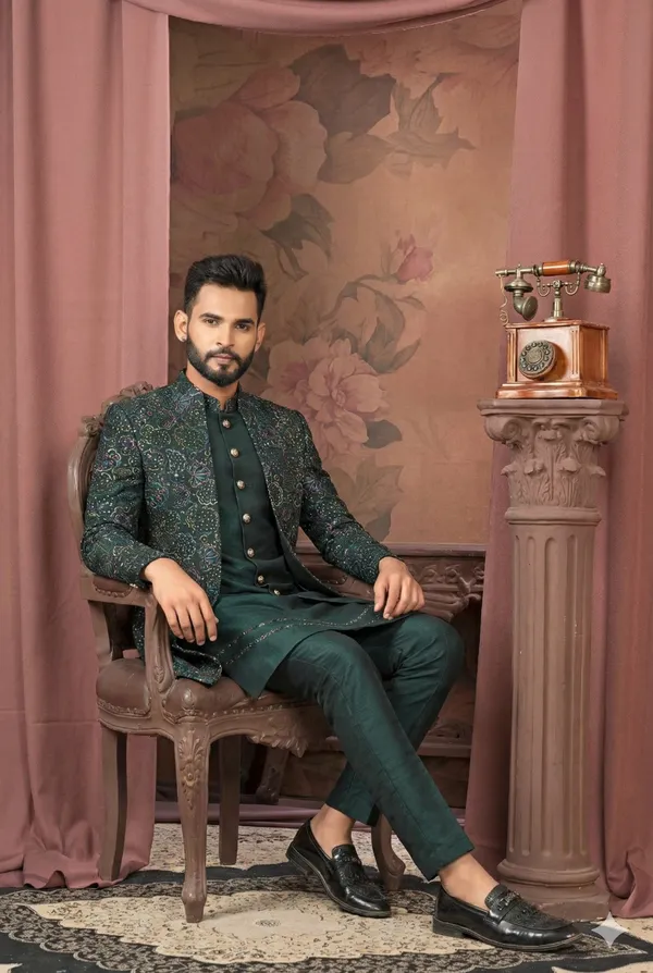 Luxury_Dark_Green_Printed_Sherwani_Set_For_Men