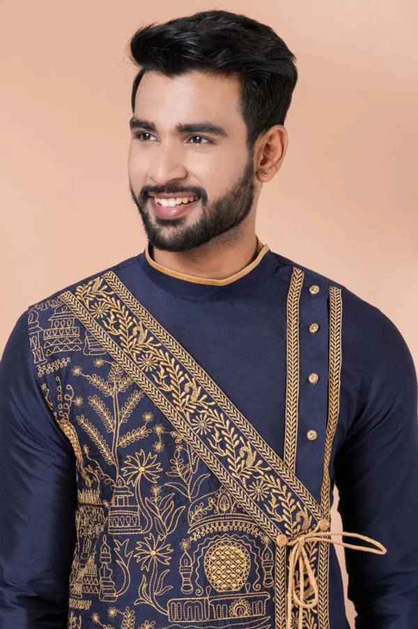Premium_Ethnic_Navy_Blue_Embroidered_Men_S_Kurta_With_Off_White_Dhoti