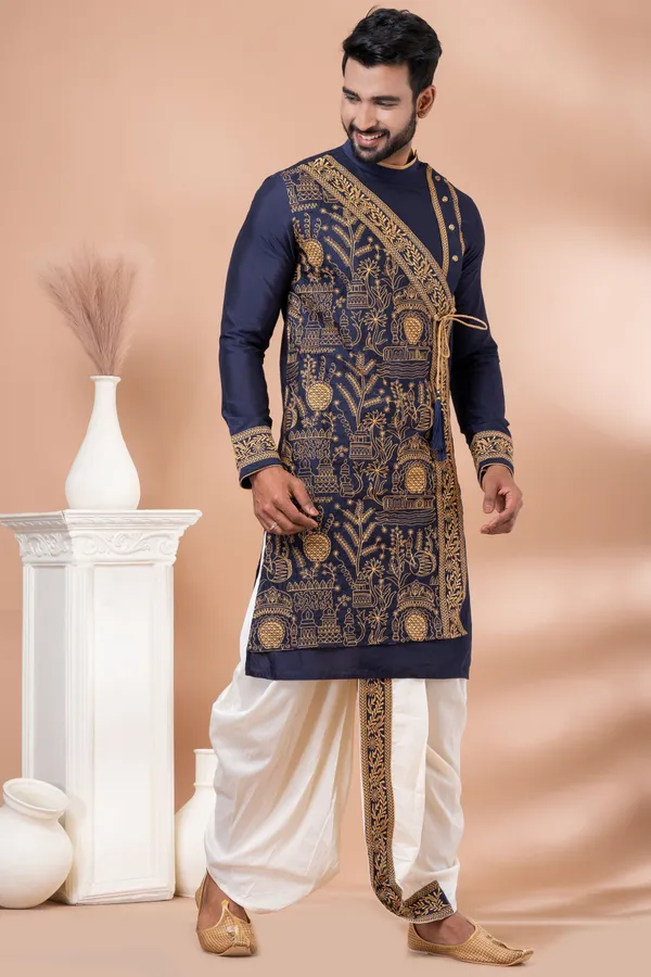 Premium_Ethnic_Navy_Blue_Embroidered_Men_S_Kurta_With_Off_White_Dhoti