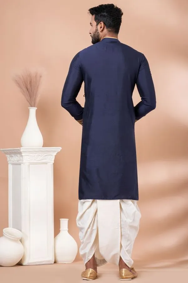 Premium_Ethnic_Navy_Blue_Embroidered_Men_S_Kurta_With_Off_White_Dhoti