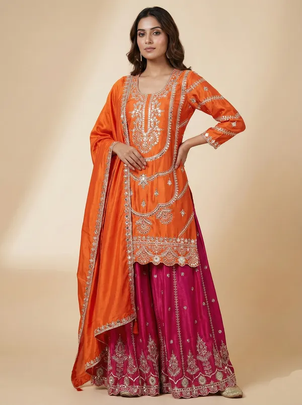 Orange_Pink_Party_Wear_Chinnon_Silk_Readymade_Salwar_Suit