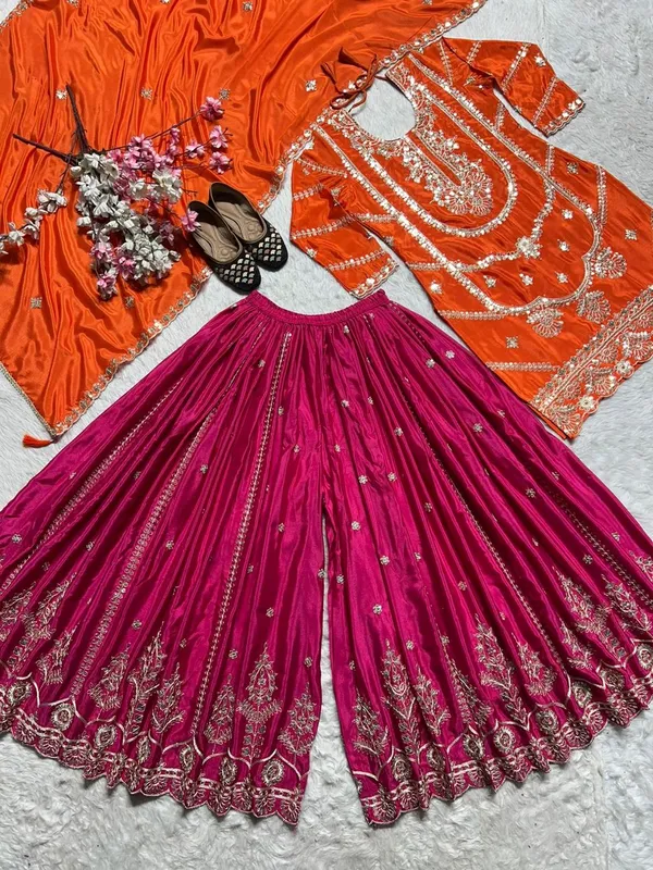 Orange_Pink_Party_Wear_Chinnon_Silk_Readymade_Salwar_Suit