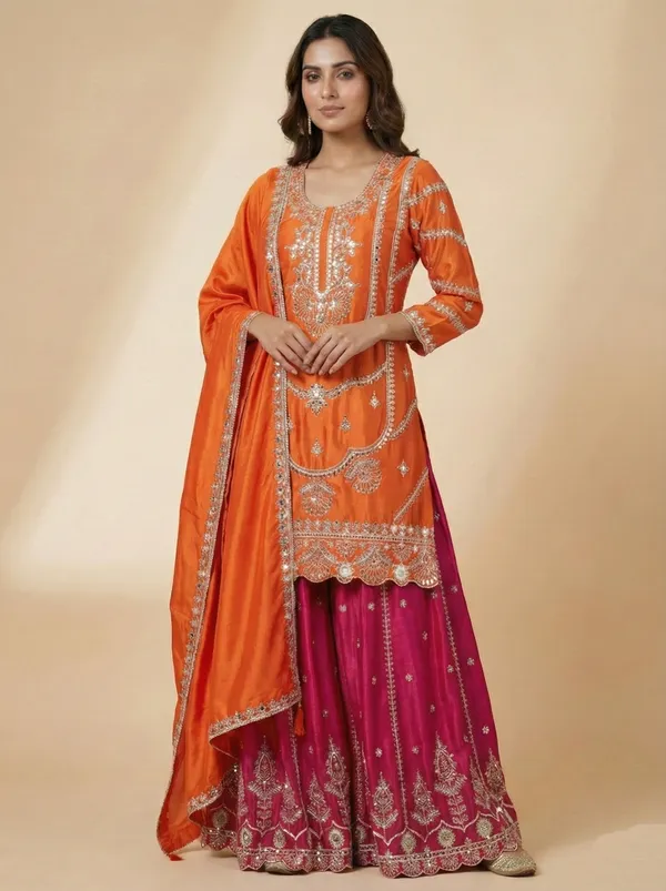 Orange_Pink_Party_Wear_Chinnon_Silk_Readymade_Salwar_Suit