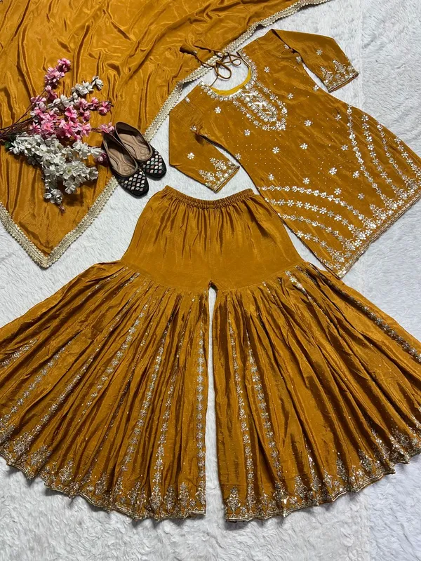 Ethnivo_Mustard_Party_Wear_Chinnon_Silk_Readymade_Salwar_Suit