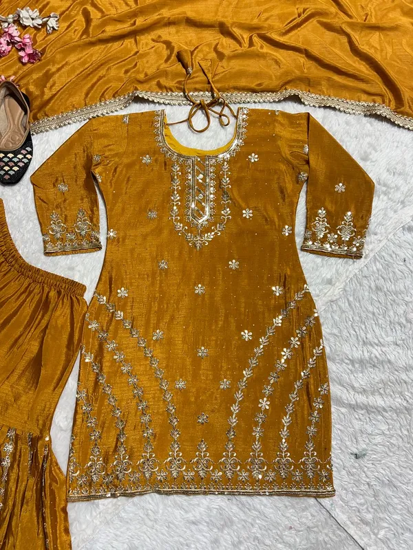 Ethnivo_Mustard_Party_Wear_Chinnon_Silk_Readymade_Salwar_Suit