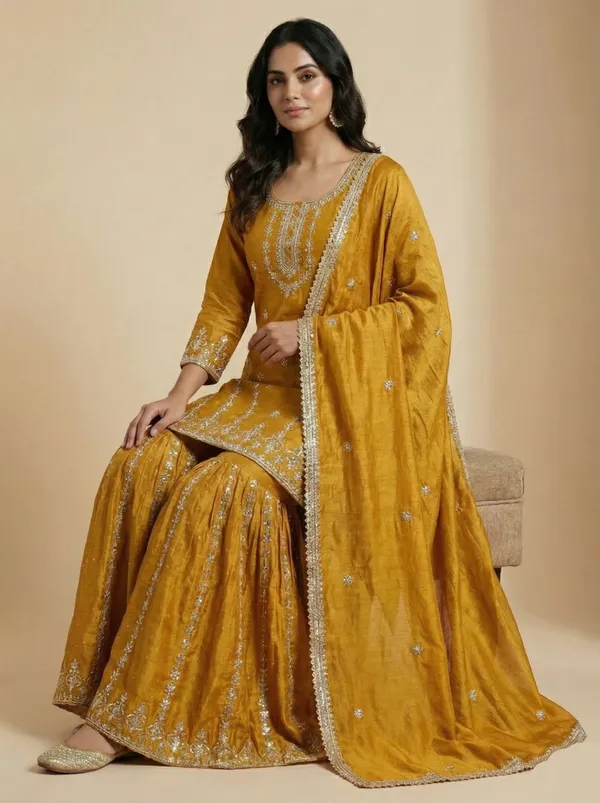 Ethnivo_Mustard_Party_Wear_Chinnon_Silk_Readymade_Salwar_Suit