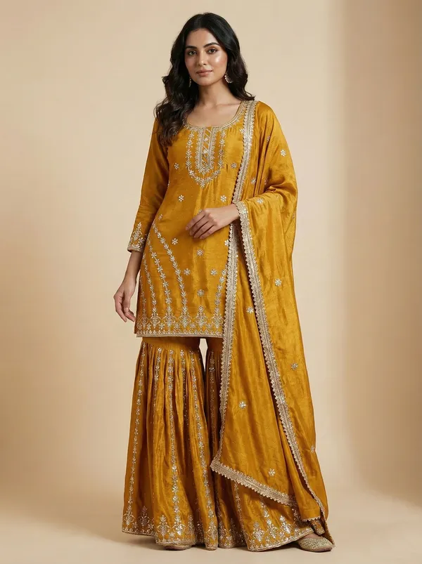 Ethnivo_Mustard_Party_Wear_Chinnon_Silk_Readymade_Salwar_Suit