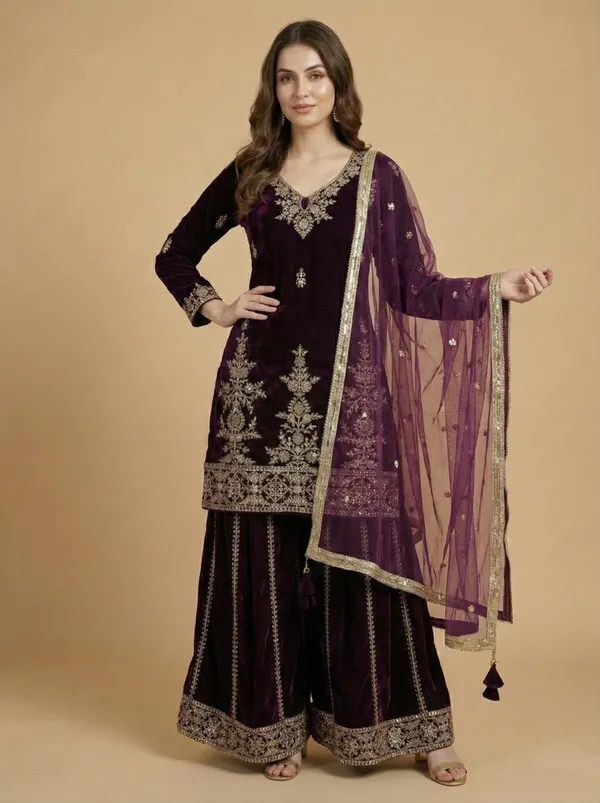 Wine_Stylish_Designer_Viscose_Velvet_Readymade_Party_Wear_Suit