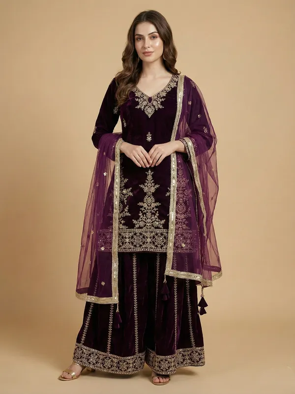 Wine_Stylish_Designer_Viscose_Velvet_Readymade_Party_Wear_Suit