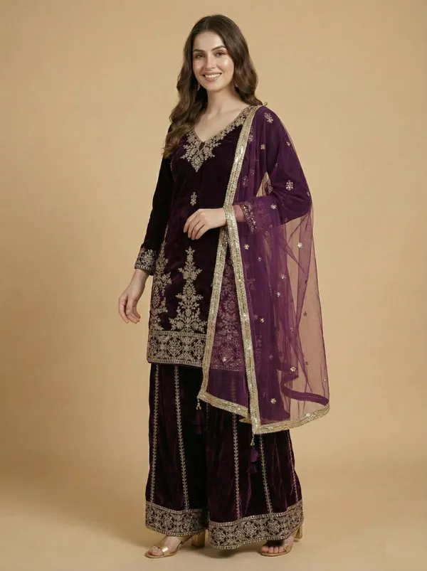 Wine_Stylish_Designer_Viscose_Velvet_Readymade_Party_Wear_Suit