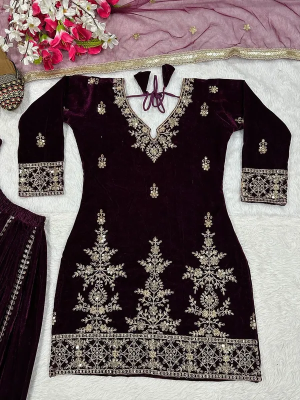 Wine_Stylish_Designer_Viscose_Velvet_Readymade_Party_Wear_Suit