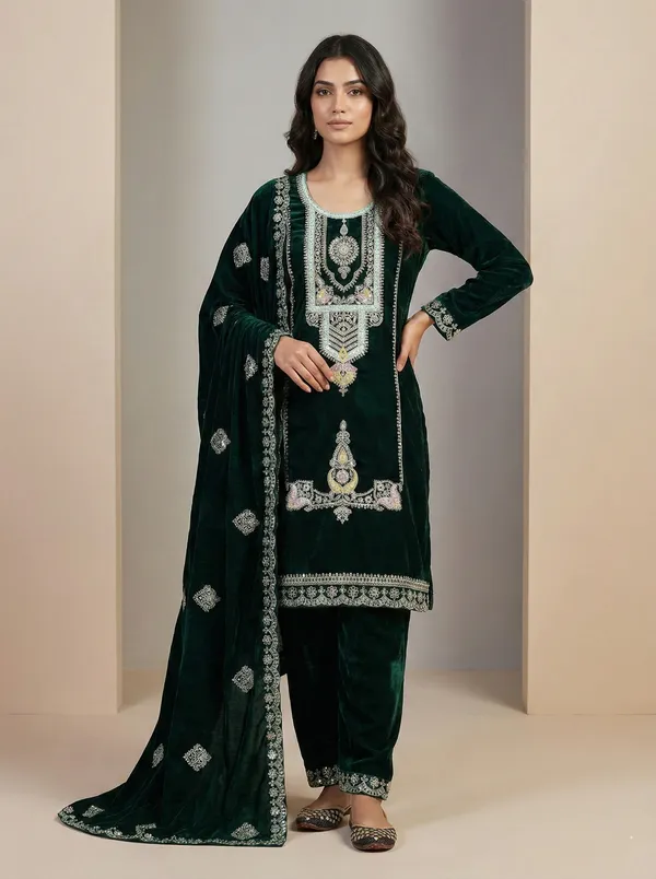 Luxurious_Dark_Green_Embroidered_Velvet_Salwar_Suit