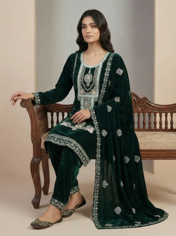Luxurious_Dark_Green_Embroidered_Velvet_Salwar_Suit