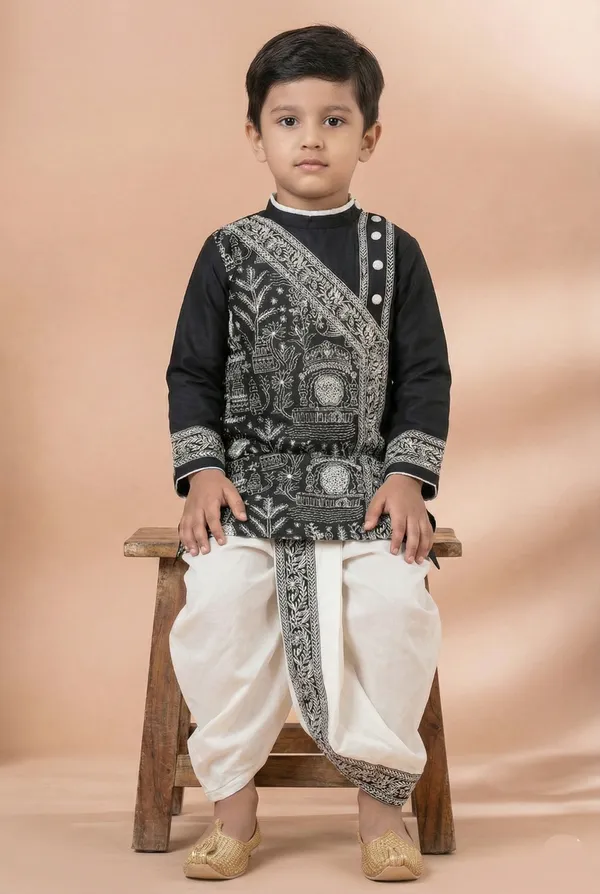 Black_Embroidered_Kids_Kurta_With_Off_White_Dhoti_Set