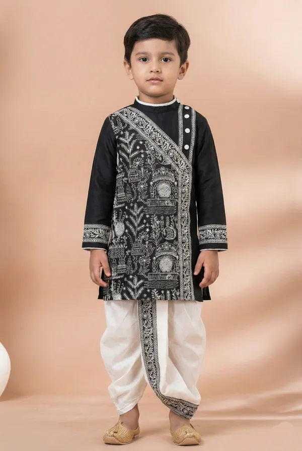 Black_Embroidered_Kids_Kurta_With_Off_White_Dhoti_Set